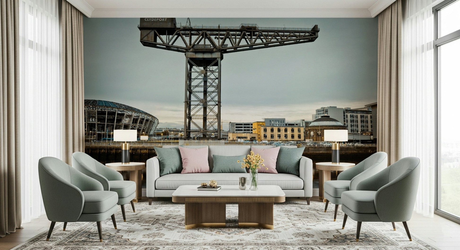 Finnieston Crane wall mural of the Clydeport crane behind a cream sofa flanked by sage armchairs and lamps