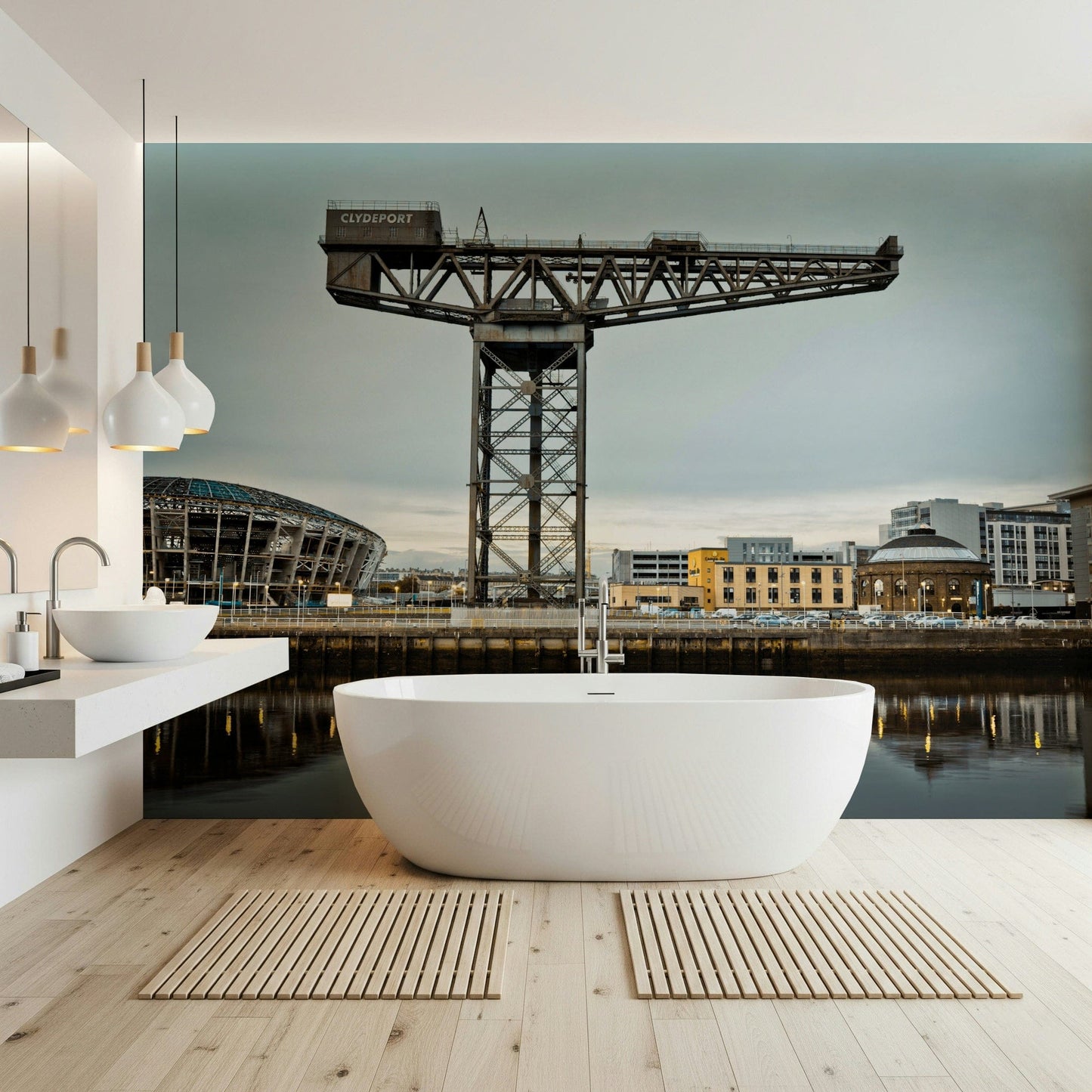 Finnieston Crane wall mural of the Clydeport crane behind a freestanding white tub in a wood-floored bathroom