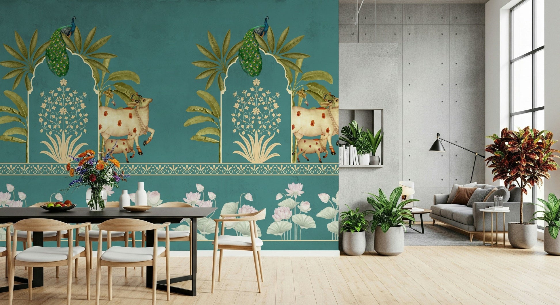 Firoza Pichwai wallpaper mural for lounge, detailed floral and lotus pattern in turquoise, feature wall use