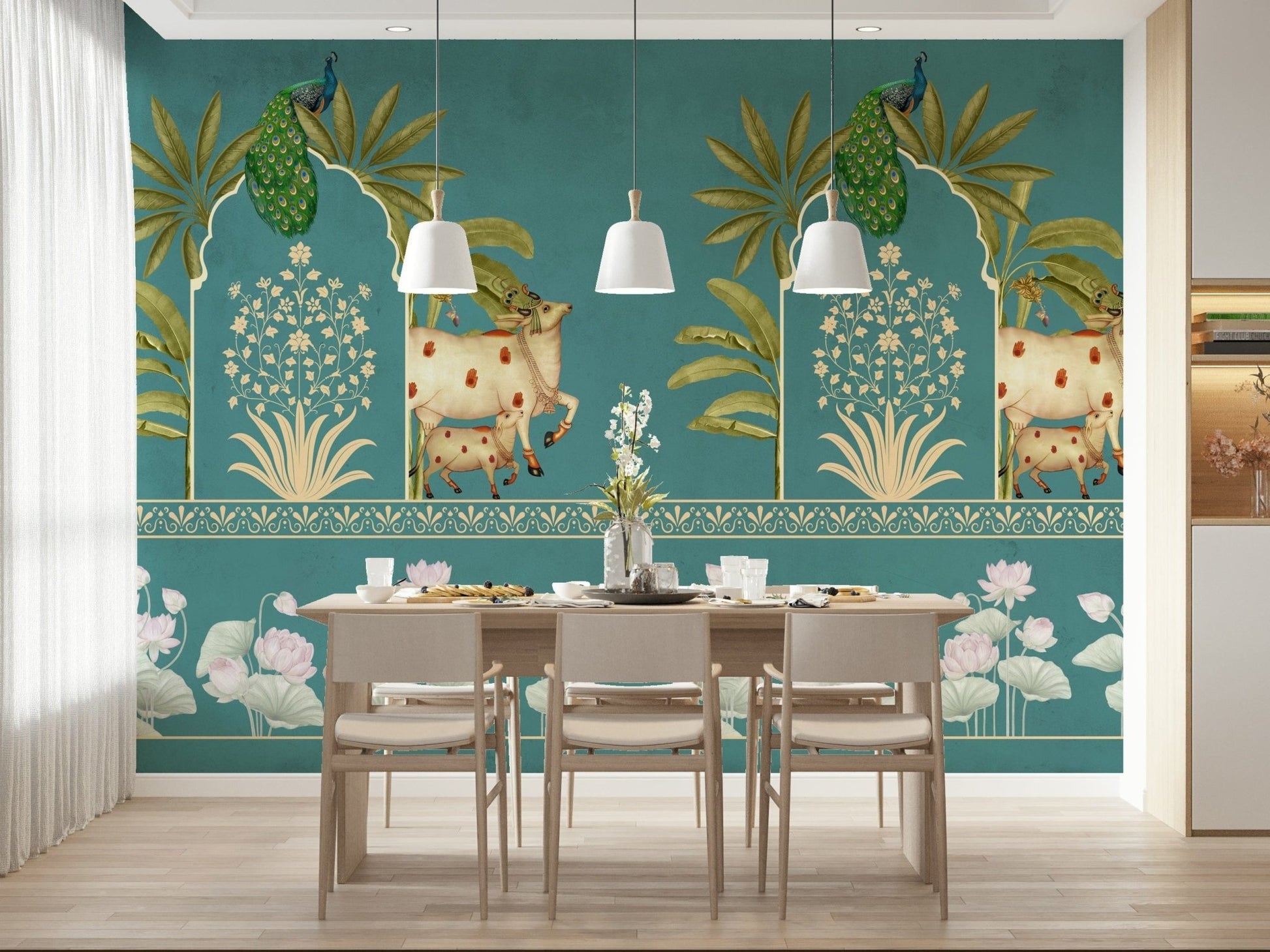 Home office wall mural with pichwai artwork, soft turquoise background and warm neutrals, clean desk backdrop