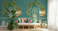 Hallway wall decor mural, traditional motifs in turquoise with beige accents, bright modern entry space