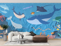 Fish and Marine Life Underwater wallpaper mural styled along a hallway feature wall near a console in blue tones