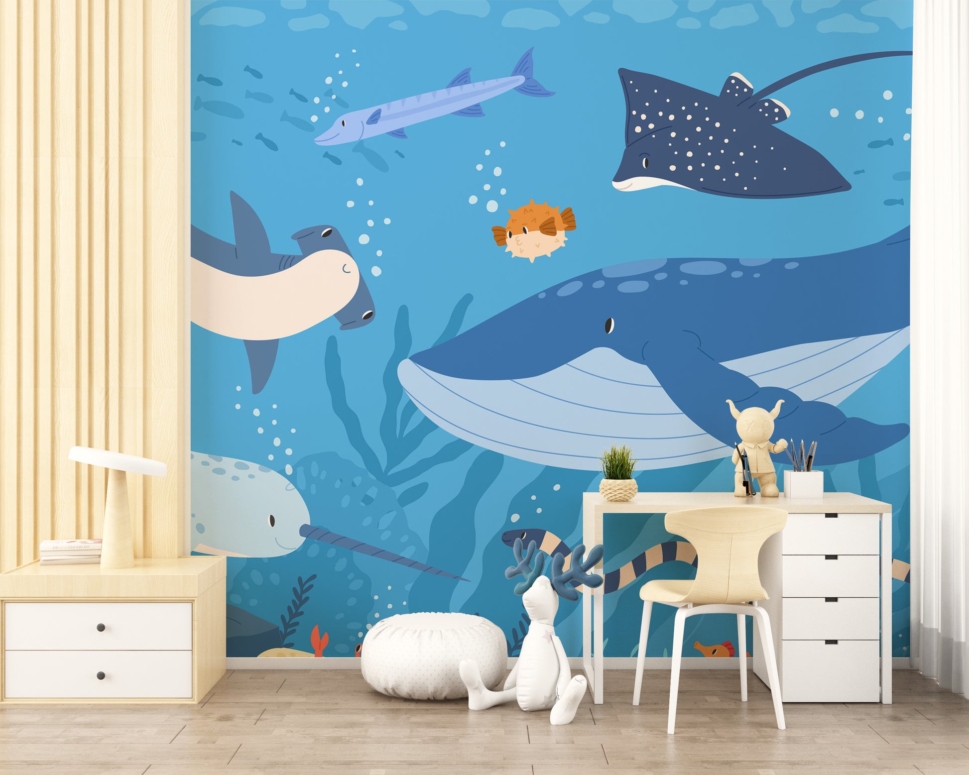 Fish and Marine Life Underwater wallpaper mural styled as a feature wall behind a dining table and chairs in blue tones