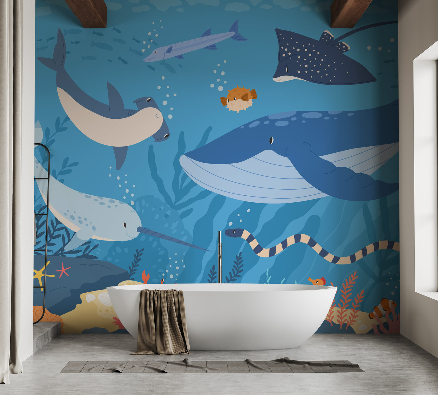 Fish and Marine Life Underwater wallpaper mural shown as a full feature wall that highlights the design