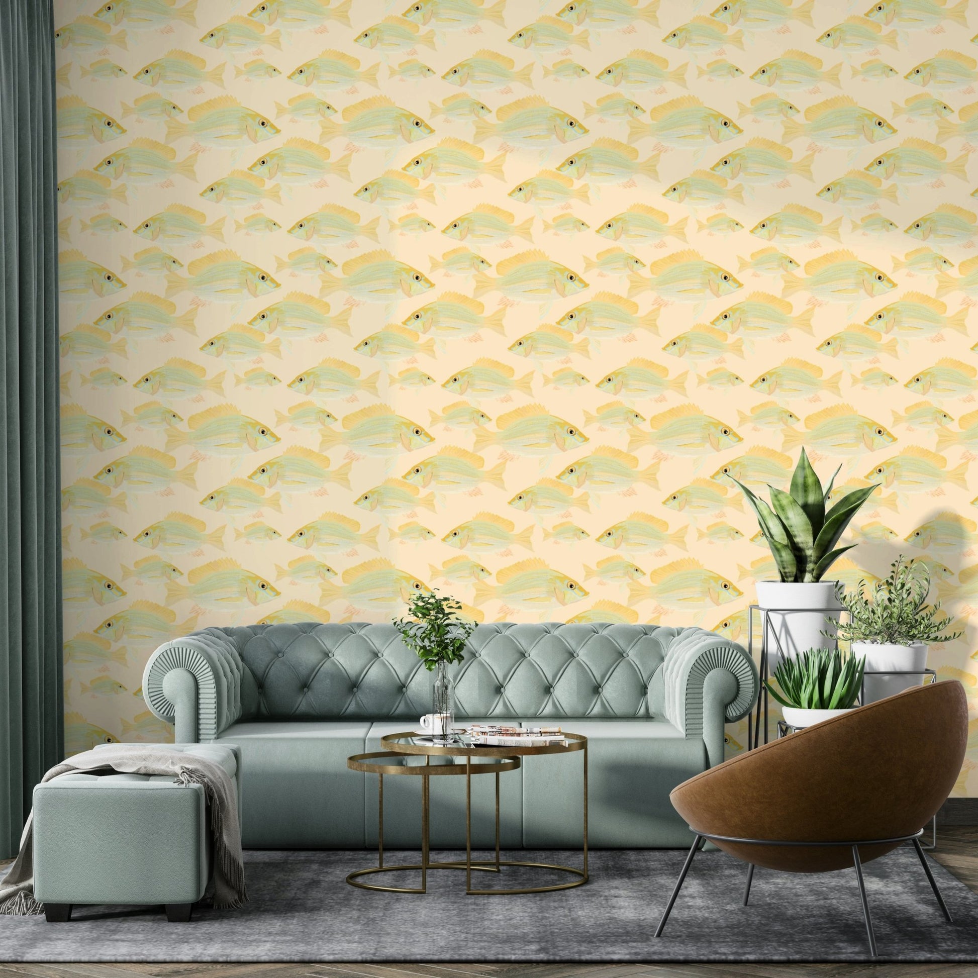 Repeating fish pattern wallpaper in light colors

