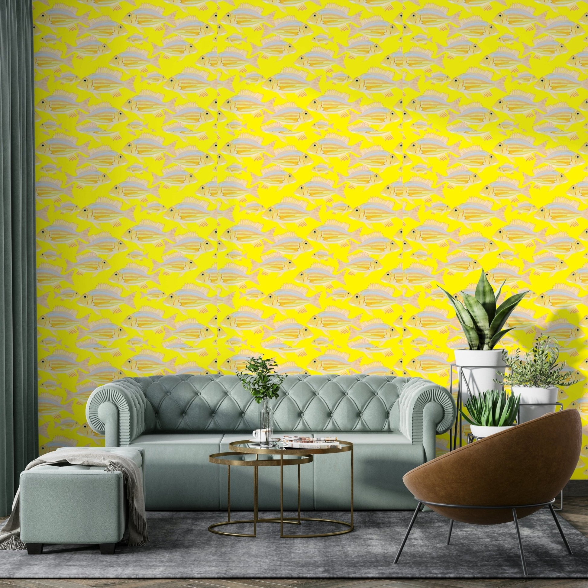 Blue and white aquatic wallpaper with fish illustrations

