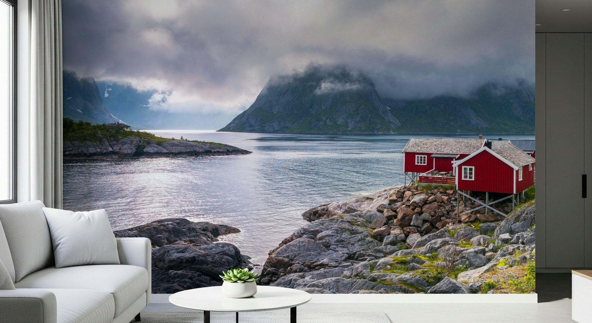 Nordic escape mural featuring rugged fjord cliffs, shimmering water, and a classic red stilt house.