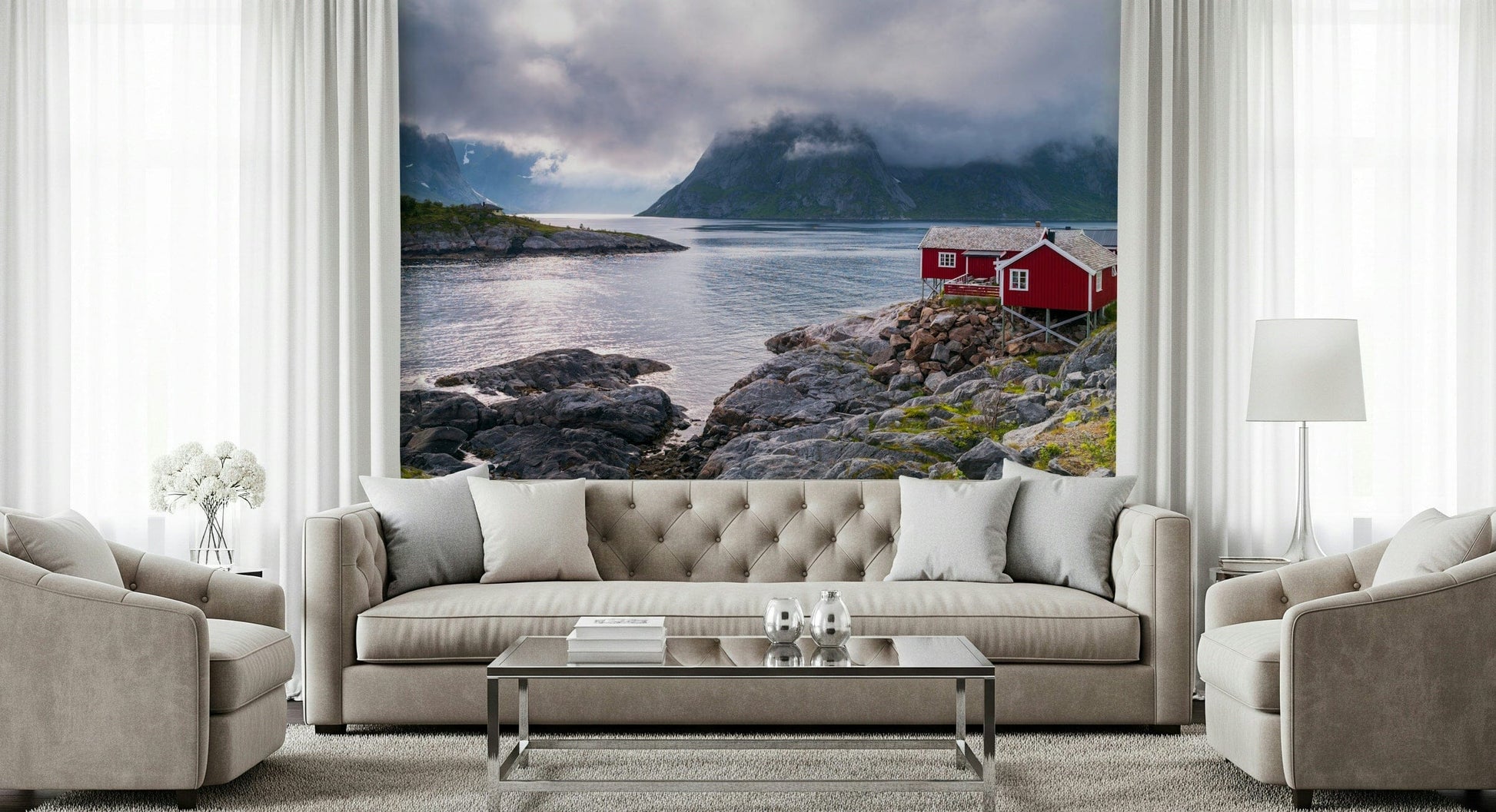 Nature mural showing red coastal cottages set against a serene fjord and misty grey mountains.