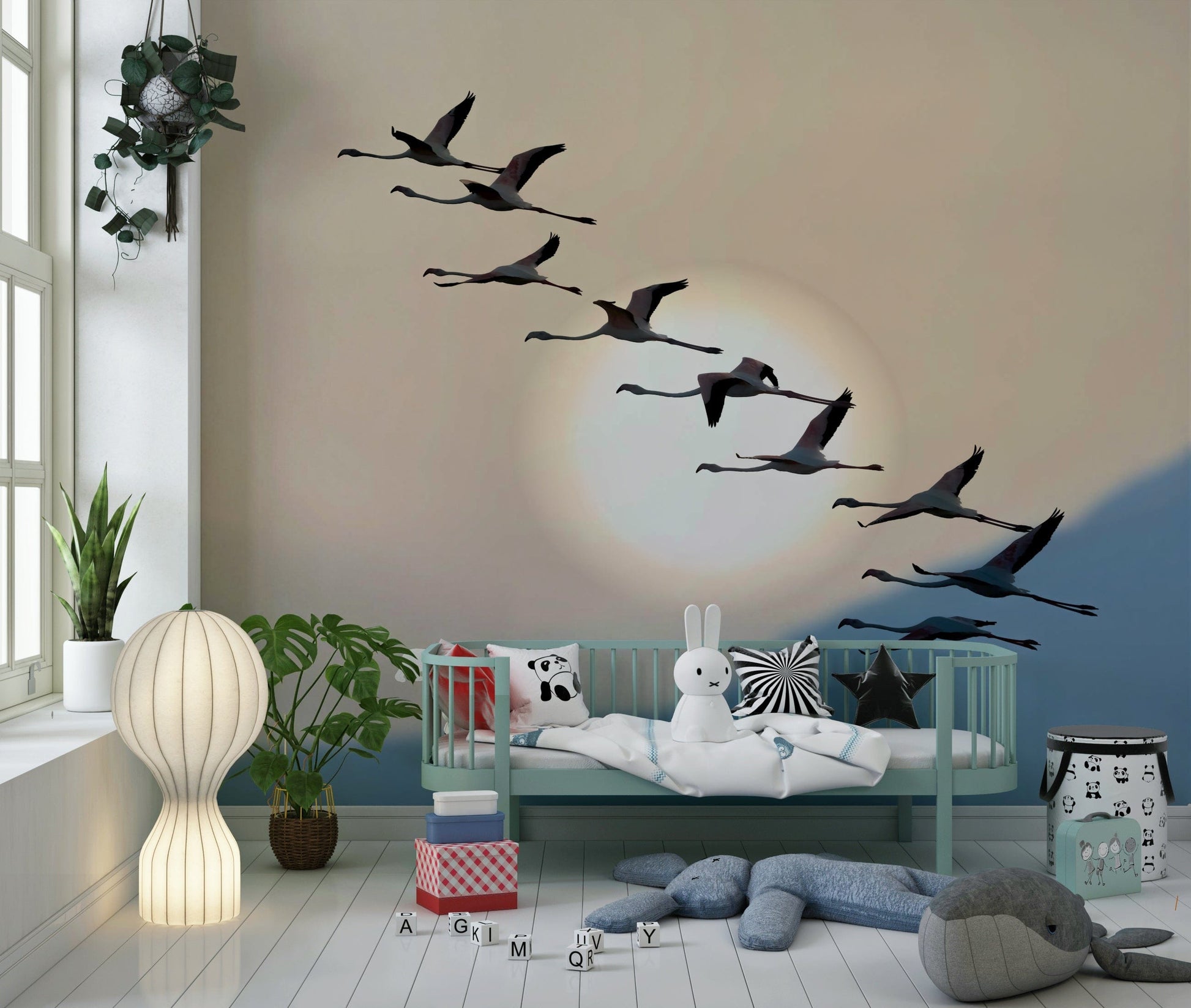 Flamingo Flight at Dusk Wall Mural featuring graceful flamingos flying across a colorful sunset sky.