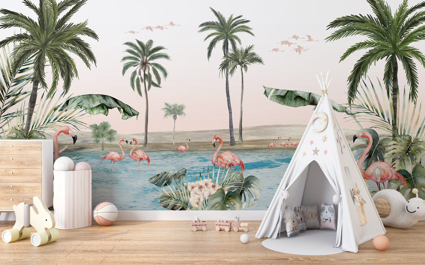 Flamingo oasis with pink background wallpaper with palms and flamingos beside a white teepee tent in a kids room