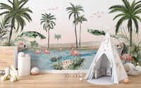 Flamingo oasis with pink background wallpaper with palms and flamingos beside a white teepee tent in a kids room