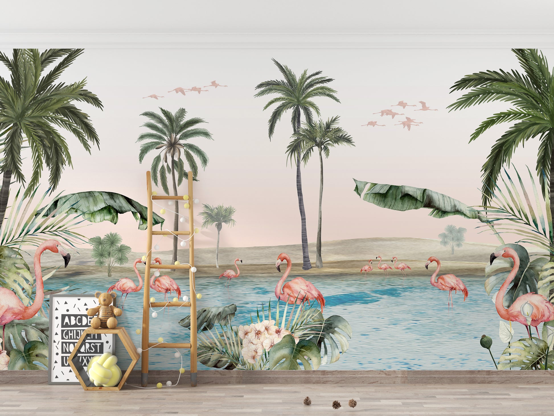 Flamingo oasis with pink background wallpaper of palms and pink flamingos by a lagoon behind a ladder shelf in a kids room