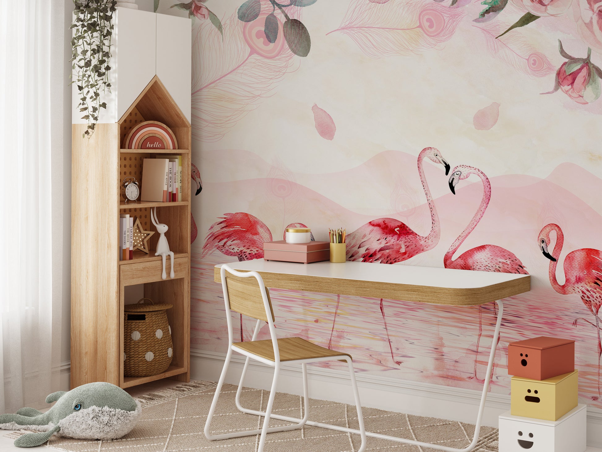Flamingo wallpaper in soft pink behind a white floating desk and chair in a kids room with a house-shaped shelf