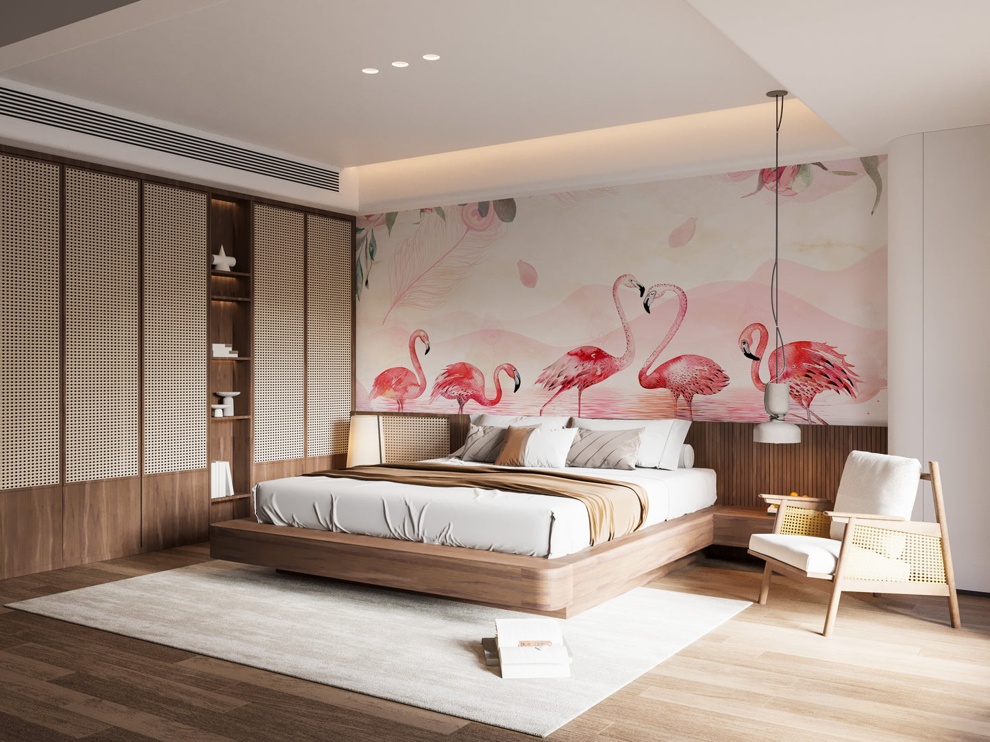 Flamingo wallpaper of pink flamingos above a white bed with wood-panel wardrobes and a rattan armchair in a bedroom