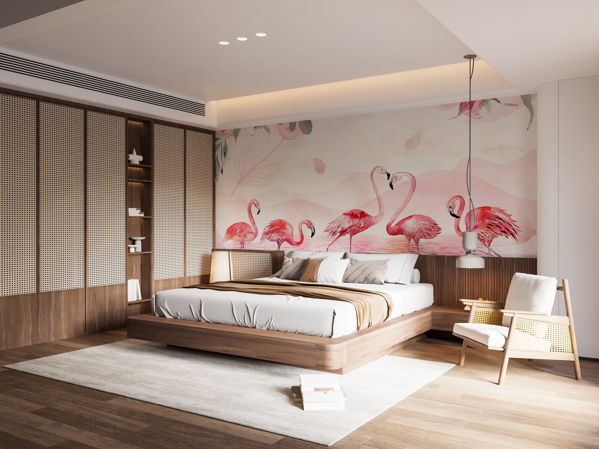 Flamingo wallpaper of pink flamingos above a white bed with wood-panel wardrobes and a rattan armchair in a bedroom