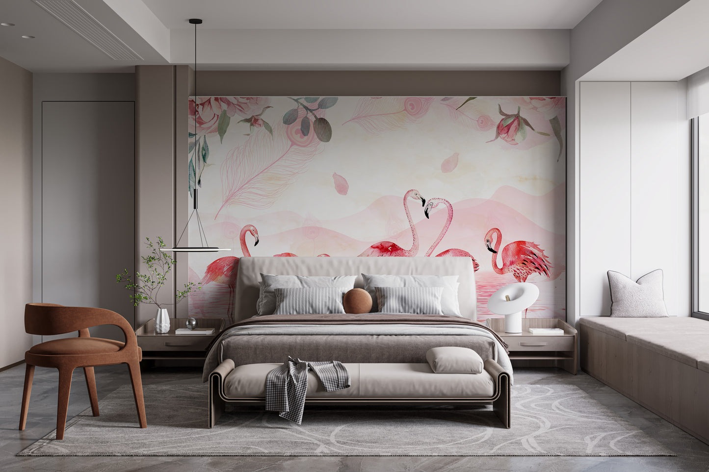 Flamingo wallpaper with pink watercolor flamingos behind an upholstered bed and terracotta chair in a bedroom
