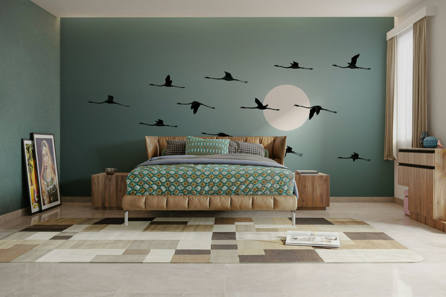 A wall mural of flamingos flying at sunset.

