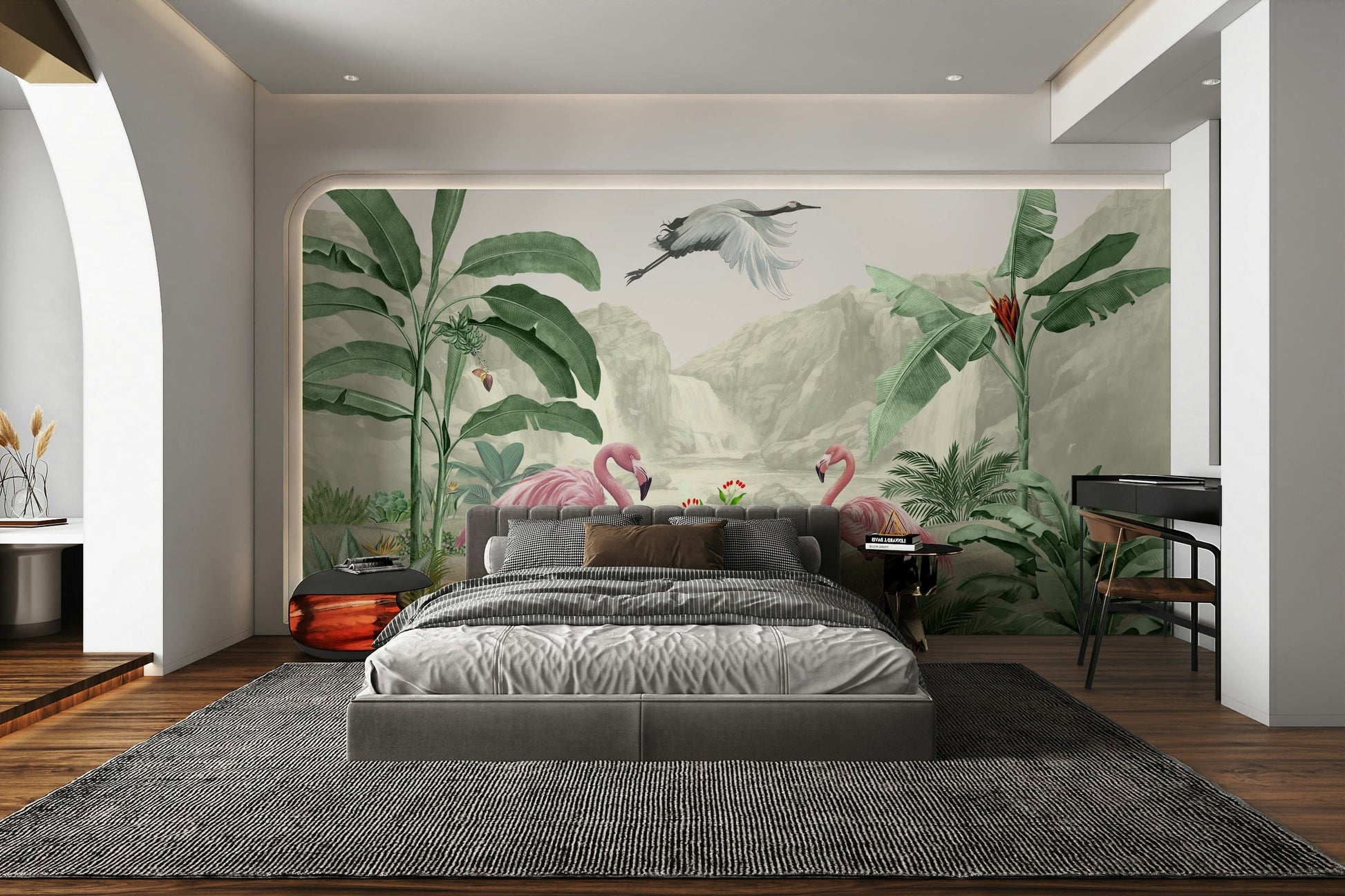 The design features a repeating pattern of soft, graceful flamingos and a gentle waterfall.

