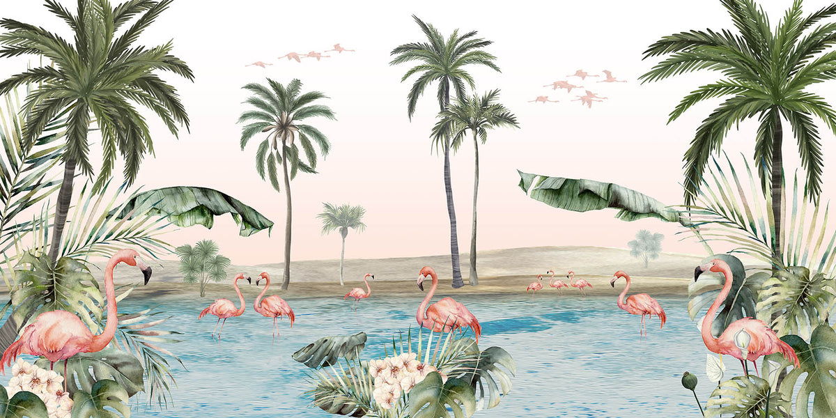Flamingo oasis with pink background wallpaper in your room — zoomed