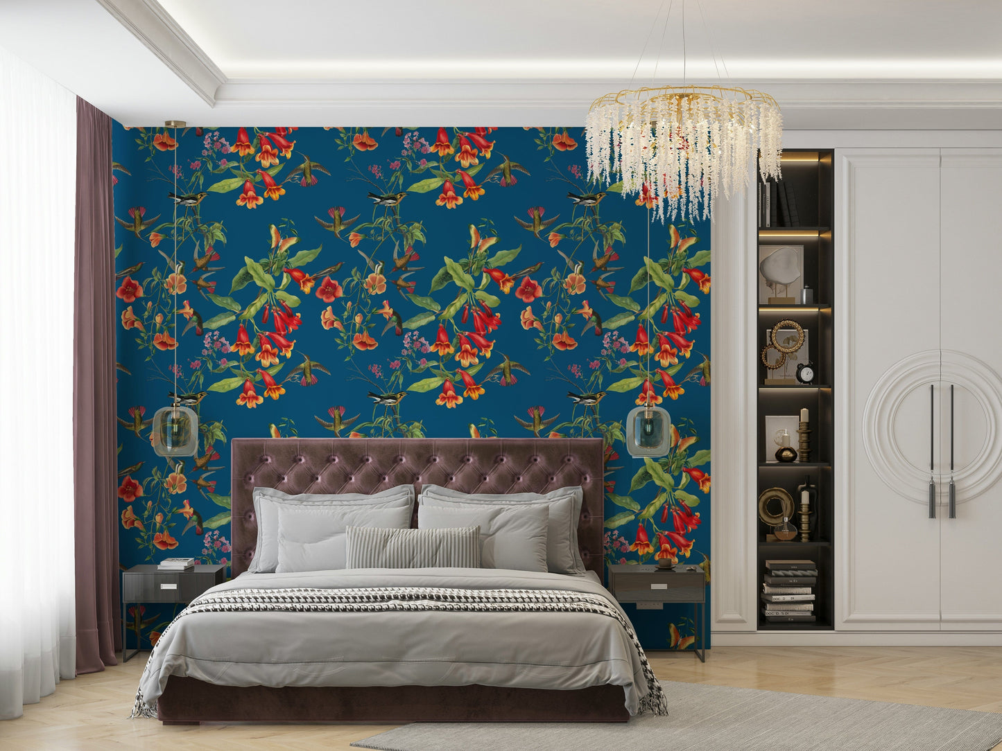 A peaceful botanical garden mural on decorative wallpaper.

