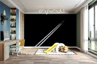 A peaceful black and white mural on decorative wallpaper.

