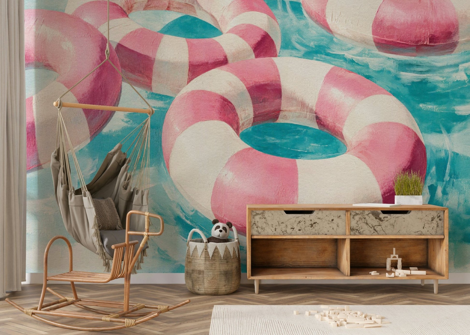 Soft blush and ivory mural creating spa-like ambiance

