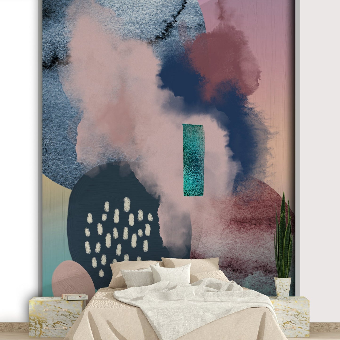 Floating shapes in muted tones captured in a serene wall mural.

