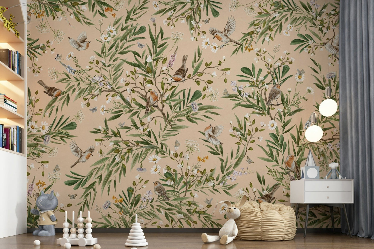 Charming floral mural with songbirds nestled amid detailed blossoms