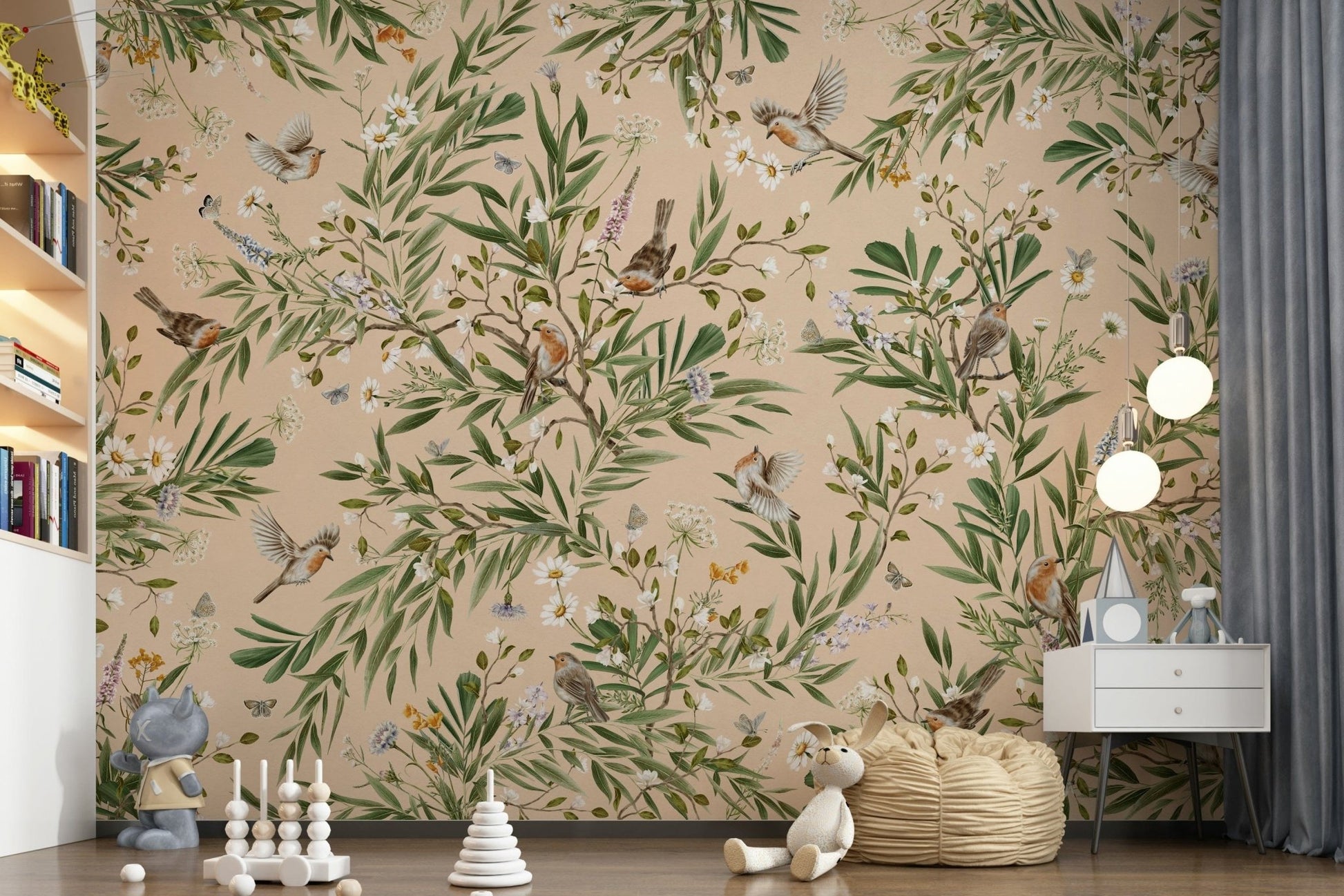 Charming floral mural with songbirds nestled amid detailed blossoms