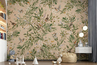 Charming floral mural with songbirds nestled amid detailed blossoms