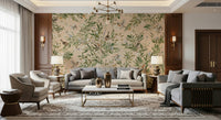 Tranquil aviary mural with colorful birds resting on blooming branches