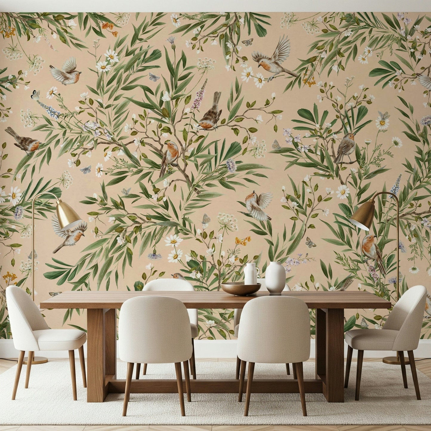 Romantic garden-inspired mural with birds interacting with vibrant flowers