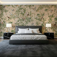 Elegant wall mural featuring birds perched among vibrant floral arrangements