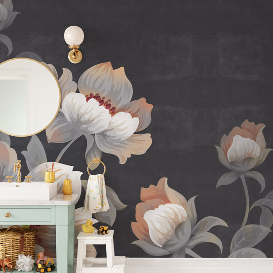 Floral Background wallpaper with peony blooms on charcoal behind a green vanity and round mirror in a powder room