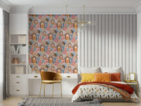 Apartment hallway wall decor with floral bear pattern, light pastel color look