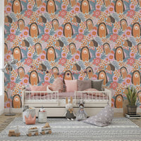 Floral Bears' Den Wallpaper in modern nursery, soft pastel color bear pattern