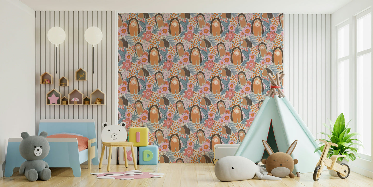 Floral Bears' Den Wallpaper in toddler bedroom, gentle color bears and blooms