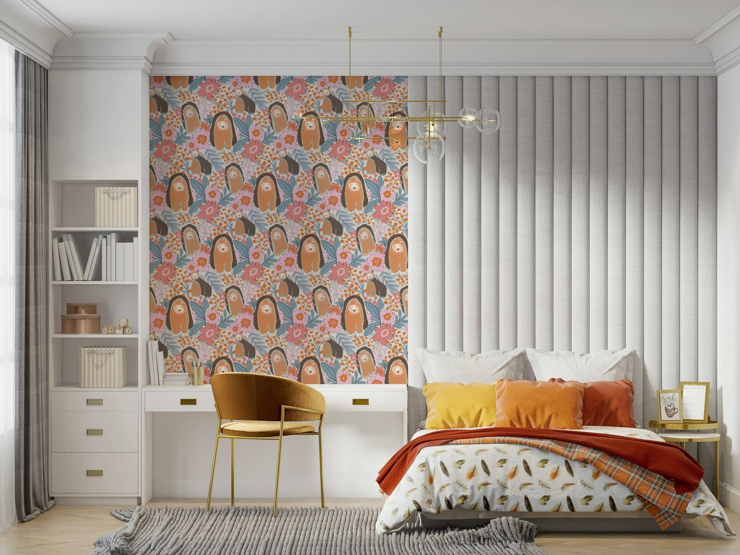 Apartment hallway wall decor with floral bear pattern, light pastel color look