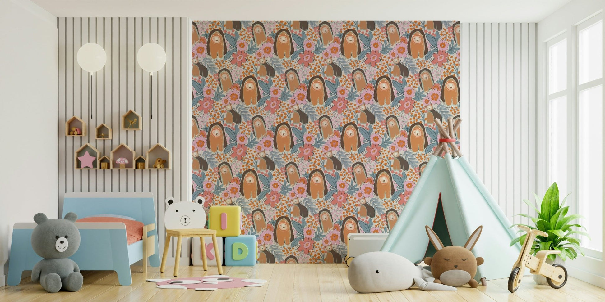 Floral Bears' Den Wallpaper in toddler bedroom, gentle color bears and blooms