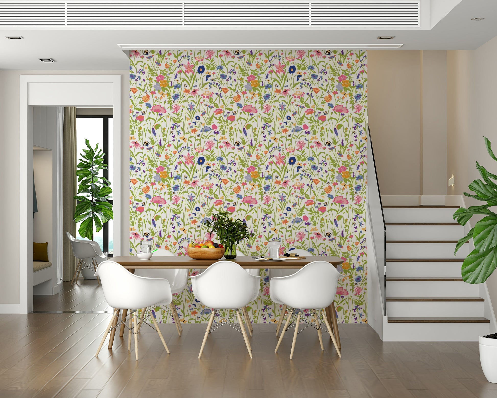 Floral and insect wallpaper featuring detailed blooms and friendly bees.
