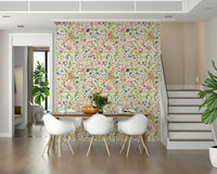 Floral and insect wallpaper featuring detailed blooms and friendly bees.