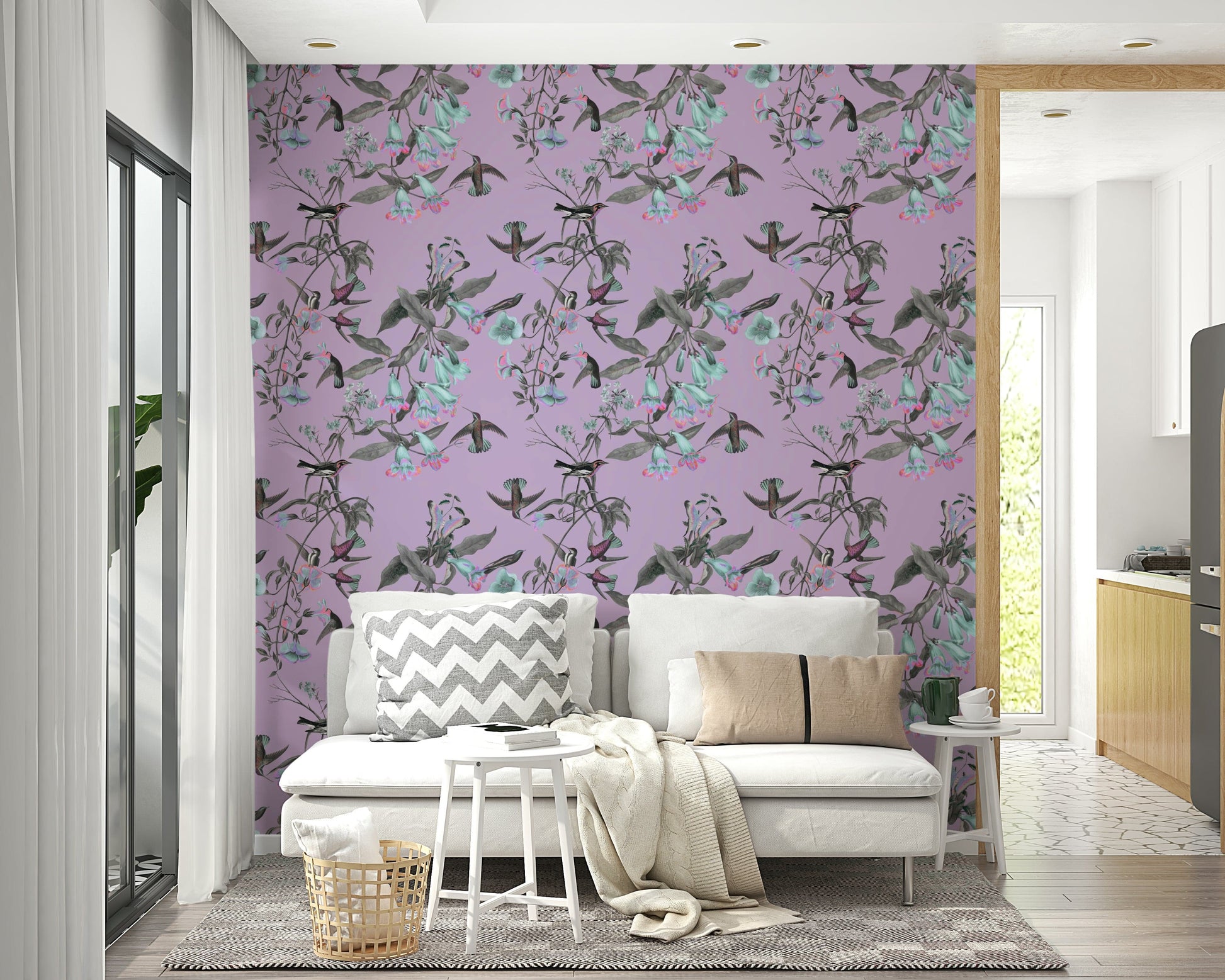 A peaceful fantasy jungle mural on decorative wallpaper.

