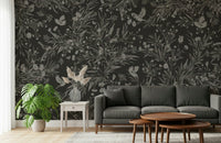 Romantic mural of songbirds and flowers under a serene evening sky.
