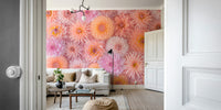 A wall mural with a repeating floral pattern.

