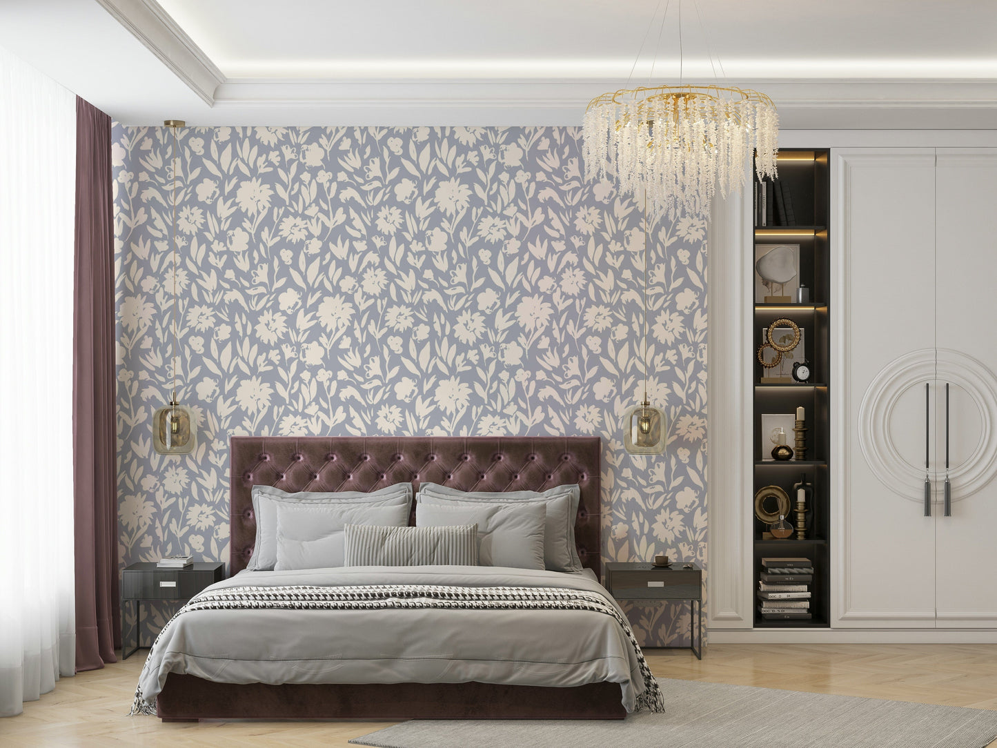 A bedroom decorated with a flowers mural

