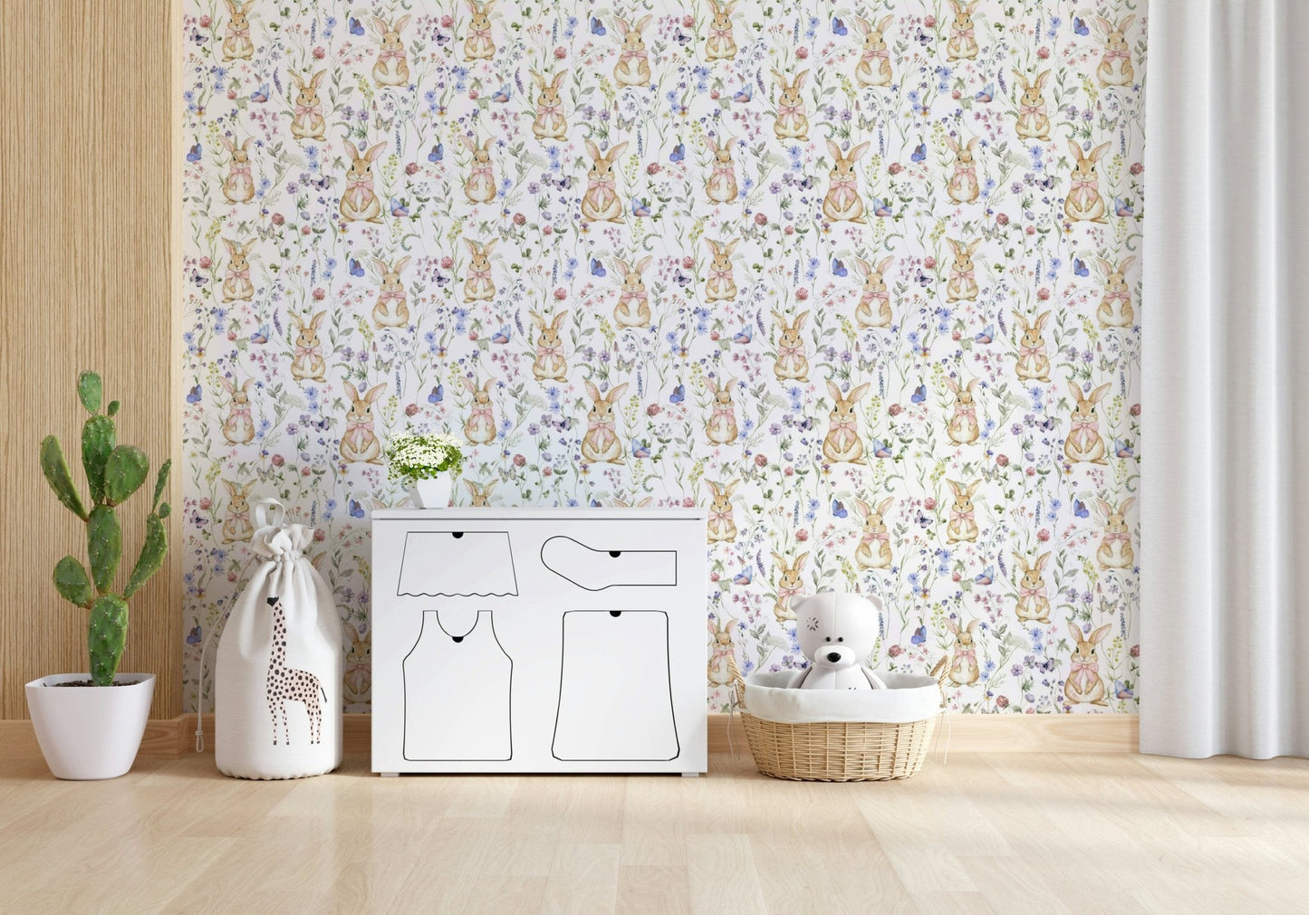 Enchanting Floral Bunny Bliss wall art, seamless pattern of springtime fauna.