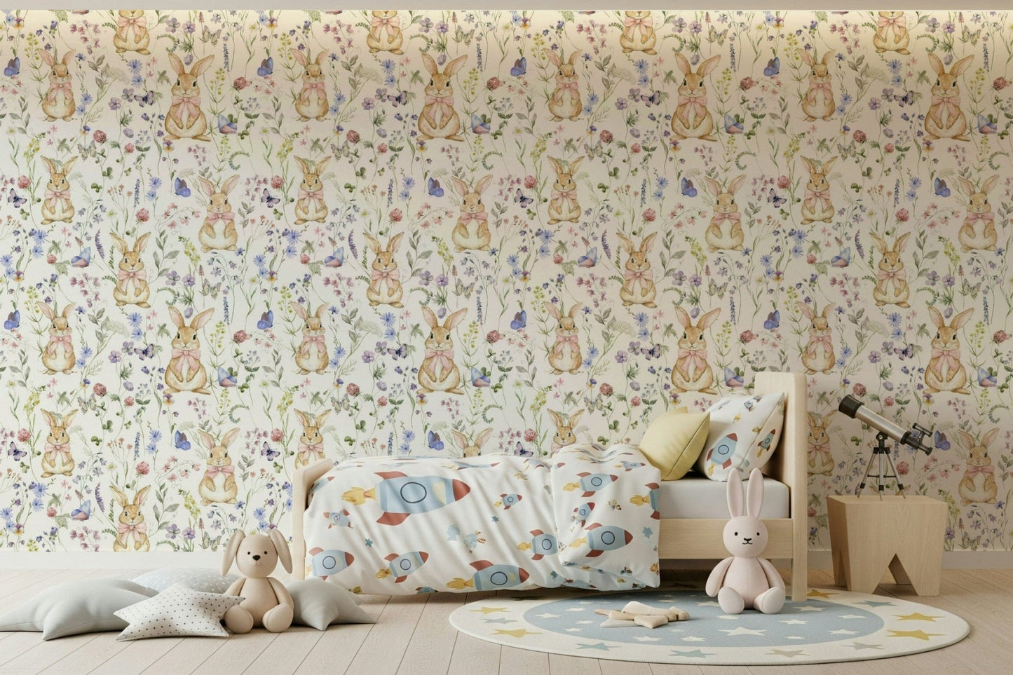 Nursery-friendly Floral Bunny Bliss mural, adorable rabbits among florals.