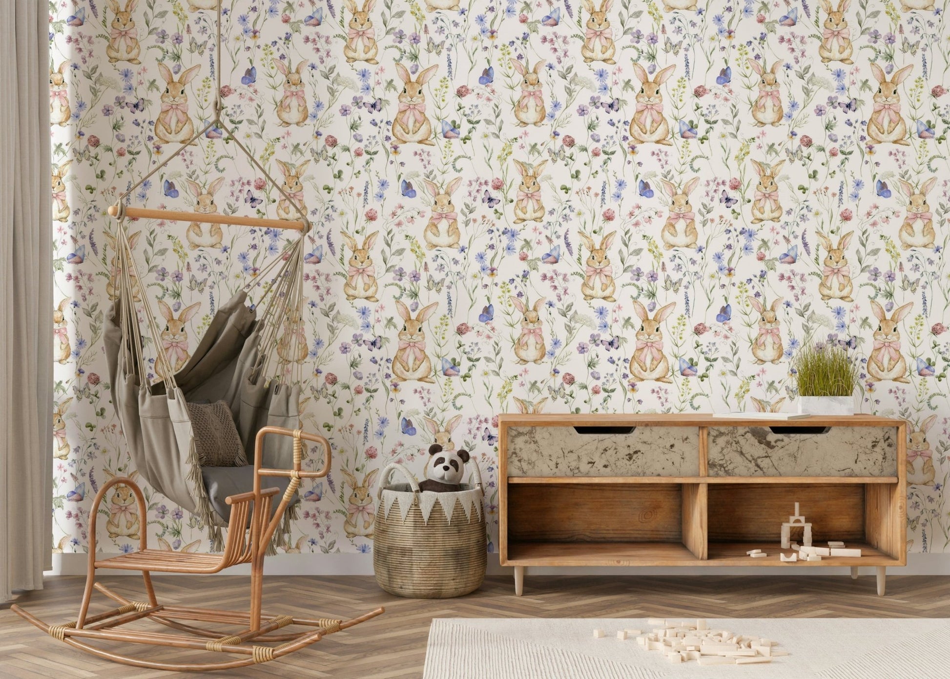 Charming wall mural, Floral Bunny Bliss, with playful bunnies and blue butterflies.