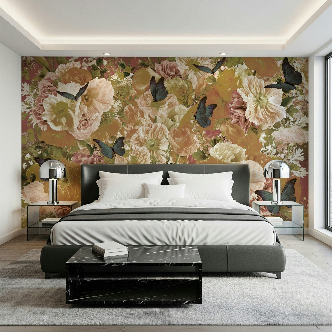 An artistic elegant flower mural on minimalist wallpaper.

