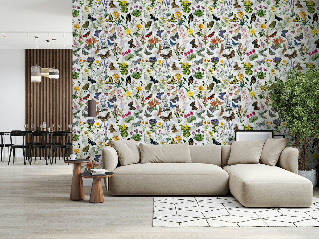 Fluttering Blooms wallpaper featuring colorful winged creatures amidst wild flora.